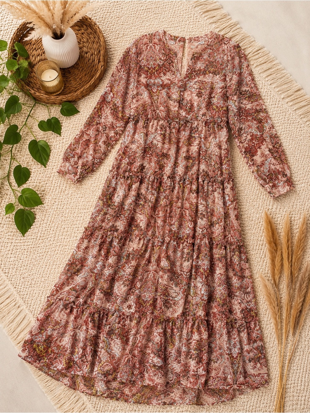 Wonderly Rust and Pink Paisley Tiered Maxi Dress
